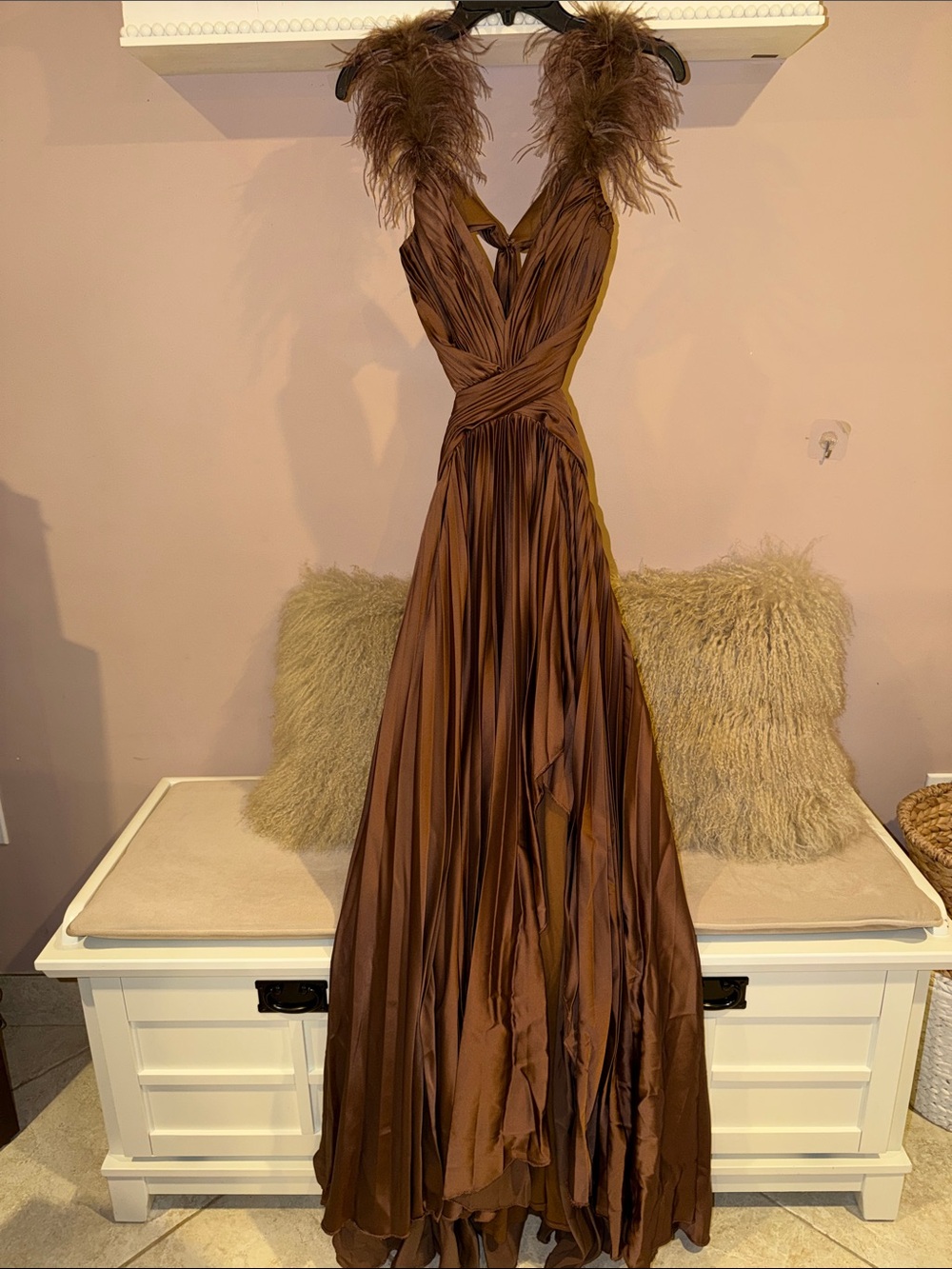 Mac Duggal Chocolate Brown Feather-Trim Maxi Gown